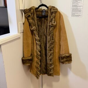 dennis basso Tan Suede Teddy Coat with Faux Fur Trim